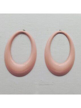 Oval Pink Peach Enamel Hoop Earrings With Post Backing 1-3/4" Vintage
